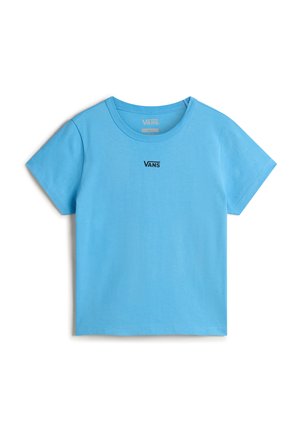 T-shirt en coton bleu ciel à manches courtes et col rond. Présente un petit logo noir Vans sur la poitrine. Texture lisse, design décontracté.
