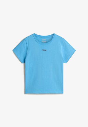 Sky blue cotton t-shirt with short sleeves and a round neckline. Features a small black Vans logo on the chest. Smooth texture, casual design.