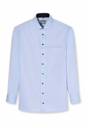 Lichtblauw herenoverhemd met lange mouwen, zwarte knopen, een borstzak links aan de voorkant en een rechte kraag.