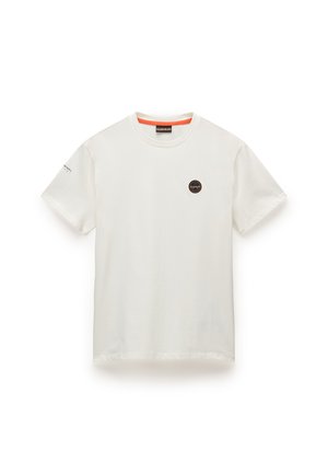 White cotton t-shirt with a round neckline, short sleeves, and a logo patch on the chest. Features an orange accent on the inner collar.