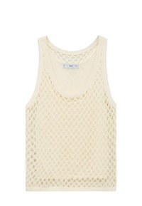 Light cream, sleeveless tank top with a knitted open mesh pattern. Features a wide scoop neck and soft, textured fabric.