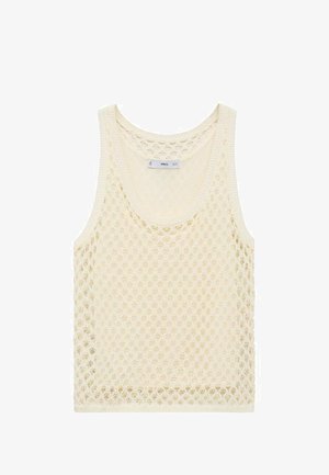 Light cream, sleeveless tank top with a knitted open mesh pattern. Features a wide scoop neck and soft, textured fabric.