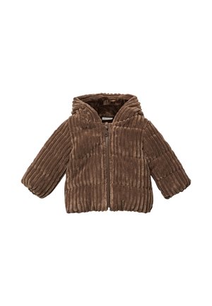 Veste à capuche en peluche côtelée marron pour tout-petit avec manches longues et fermeture éclair à l'avant.