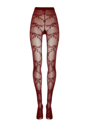 Sheer burgundy fishnet tights with floral lace pattern extending from waist to feet.