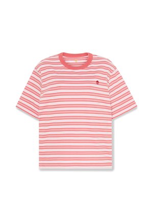Maglietta rosa chiaro con strisce orizzontali rosse e bianche, caratterizzata da una scollatura rotonda e maniche corte. Piccolo logo sul petto.
