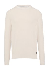Licht beige brei sweater met een gemêleerd patroon, ronde halslijn, lange mouwen en geribde manchetten en uiteinden. Kleine zwarte labeldetail aan de zijkant.