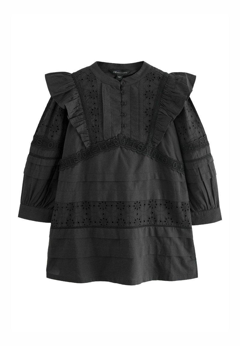 Vestido negro con mangas con volantes, tejido texturizado, frente abotonado, patrones de ojal y acentos de rayas horizontales. Diseñado con un corte holgado.
