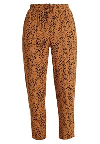 Hnědé kalhoty s leopardím vzorem, s elastickým pasem a šňůrkou na stažení, vyrobené z lehkého materiálu, se zúženým střihem.