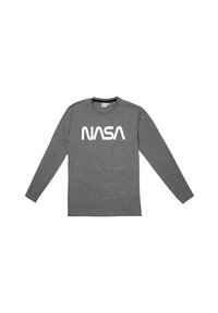 T-shirt grigio a maniche lunghe in cotone, con un grande logo bianco "NASA" sul davanti, colletto rotondo e taglio dritto.