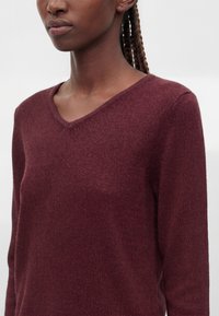 Femme aux cheveux tressés portant un pull bordeaux uni à manches longues et col en V sur un fond clair.