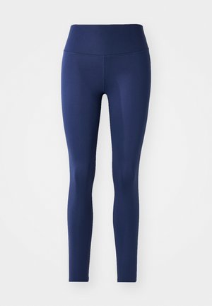 Leggings blu navy realizzati in tessuto elastico, con una vita alta, superficie liscia e design a lunghezza intera, privi di motivi o accessori.