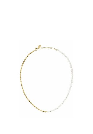 Gold- und Silberkettchen mit perlenartigen Gliedern und einem kleinen rechteckigen Verschlussanhänger.