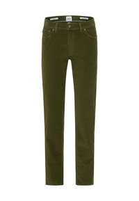 Kaki groene corduroy broek met een slanke pasvorm. Voorzien van vijf zakken, een knoopsluiting en een subtiele geribbelde textuur. Standaard tailleband ontwerp.