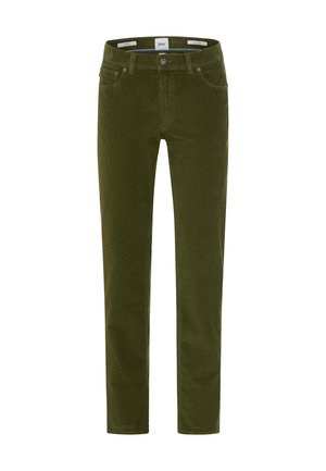 Kaki groene corduroy broek met een slanke pasvorm. Voorzien van vijf zakken, een knoopsluiting en een subtiele geribbelde textuur. Standaard tailleband ontwerp.