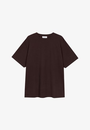 Maglietta a maniche corte marrone scuro realizzata in morbido cotone. Presenta un collo rotondo e una vestibilità comoda senza motivi o grafiche visibili.