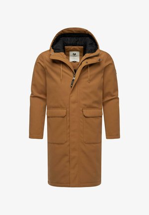 Brązowy wodoodporny płaszcz z zamkiem błyskawicznym i odpinanym kapturem. Posiada dwie przednie kieszenie oraz kontrastową czarną podszewkę.