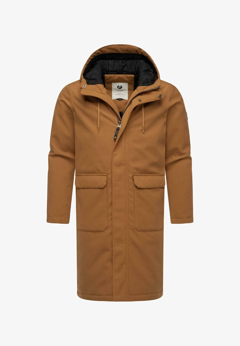 Cappotto impermeabile marrone con chiusura a zip e cappuccio rimovibile. Presenta due tasche frontali e una fodera interna nera a contrasto.
