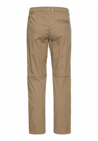 Beige bukser lavet af letvægtsstof med elastisk talje, en baglomme og lynlåse ved benene for alsidighed.