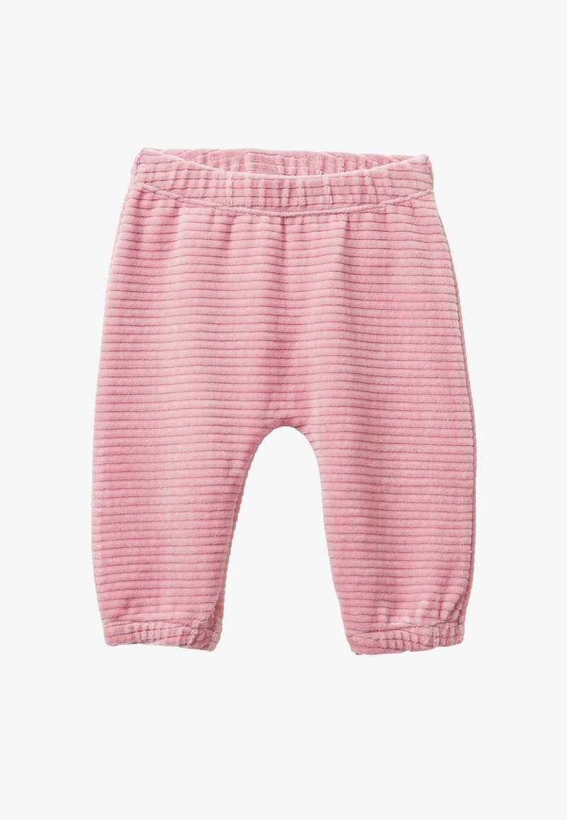 Růžové kordové kalhoty s ribovanou texturou, elastickým pasem a zúženými nohavicemi. Bez kapes a viditelných kovových detailů.