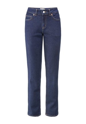 Dunkelblaue Denim-Jeans mit geradem Bein, vorderem Knopf, Reißverschluss, Gürtelschlaufen und fünftaschen Design.
