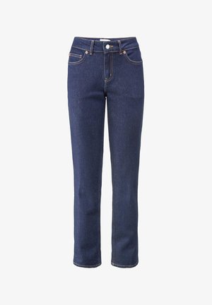 Dunkelblaue Denim-Jeans mit geradem Bein, vorderem Knopf, Reißverschluss, Gürtelschlaufen und fünftaschen Design.