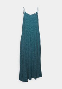 Robe maxi en teal avec des pois blancs, dotée de fines bretelles et d'un léger évasement au niveau de l'ourlet. Petits détails décoratifs sur l'épaule.