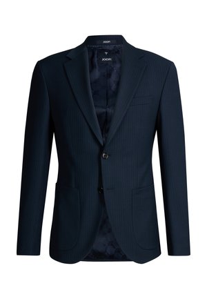 Granatowa marynarka męska z klapami z wycięciem, dwoma przednimi kieszeniami, zapięciem na jeden guzik oraz markową, jedwabistą podszewką.