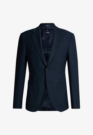 Granatowa marynarka męska z klapami z wycięciem, dwoma przednimi kieszeniami, zapięciem na jeden guzik oraz markową, jedwabistą podszewką.