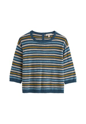 Sinine, sinepikollane ja beež triibuline kudumismusteriga kampsun kolmeveerandvarrukatega ja ümmarguse kaelusega.