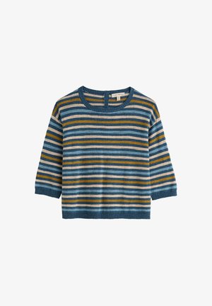 Sinine, sinepikollane ja beež triibuline kudumismusteriga kampsun kolmeveerandvarrukatega ja ümmarguse kaelusega.