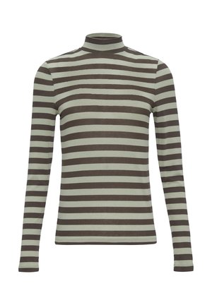 Striped turtleneck top in alternating olive green and dark brown. Long sleeves, soft fabric, body-hugging fit, and simple design.