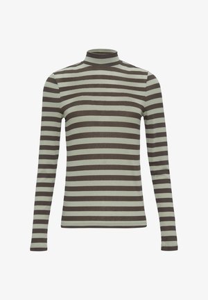 Prążkowany golf w naprzemiennych odcieniach oliwkowej zieleni i ciemnego brązu. Długie rękawy, miękka tkanina, dopasowany krój i prosty design.