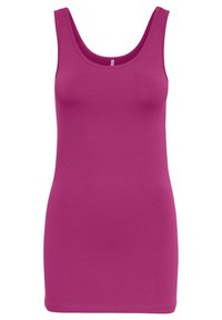 Débardeur ajusté de couleur magenta vif, fabriqué en mélange de coton extensible, avec de fines bretelles et un décolleté arrondi, offrant une texture lisse.