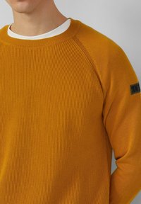 Mężczyzna ubrany w musztardowo-żółty prążkowany sweter z dzianiny na białej koszulce z okrągłym dekoltem, z naszywką z logo marki na górnej części lewej rękawa.