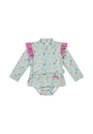 Baby-Strampler mit langen Ärmeln, bedruckt mit pastellfarbenen Meeresschalen und Seesternen, rosa Rüschendetails an den Schultern und Reißverschluss vorne.