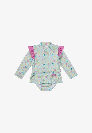 Long-sleeve baby swimsuit with pastel sea shell and starfish print, pink ruffle details on shoulders, and front zipper.