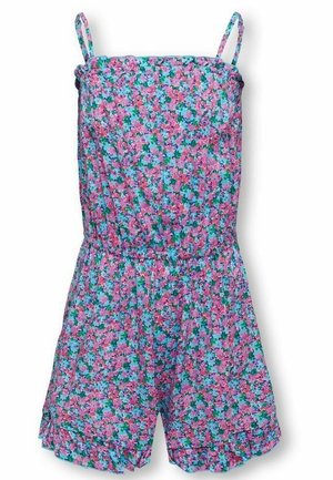 Mono corto sin mangas con estampado floral en rosa, azul y verde de pequeñas flores, tirantes finos ajustables y dobladillo con volantes en los pantalones cortos.