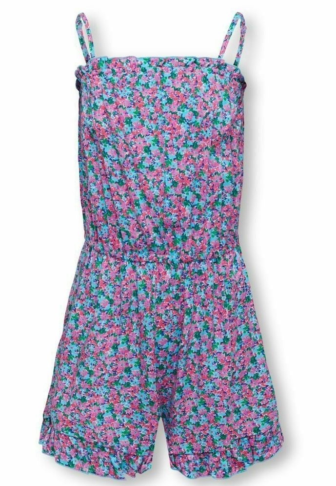 Ærmeløs blomsterdragt med pink, blå og grønne små blomsterprint, justerbare tynde stropper og flæsekanter på shortsbenene.