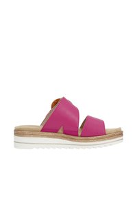 Infradito in pelle rosa con design a due cinghie, suola intermedia in tessuto intrecciato e suola in gomma bianca. Sottopiede piatto per il massimo comfort.