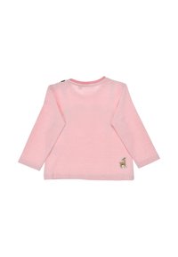 Langärmliges Oberteil, rosa mit weißen Streifen, runder Ausschnitt, mit einem braunen Reh-Patch auf der unteren rechten Seite. Weicher Baumwollstoff.