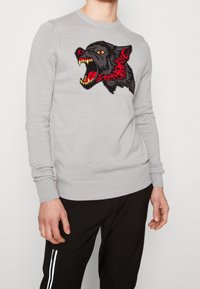 Pull gris à manches longues, présentant un design détaillé d'un visage d'animal en noir et rouge sur le devant. Poignets et ourlet côtelés.