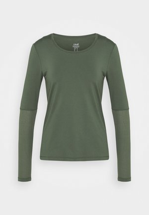 Langsleeve top in olijfgroen, met een ronde hals en een textuur paneel op de mouwen, gemaakt van een gladde, rekbare stof.