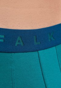 Boxer shorts turchesi con una cintura elastica blu scuro e lettering verde "FALK". Il tessuto ha una texture a coste.