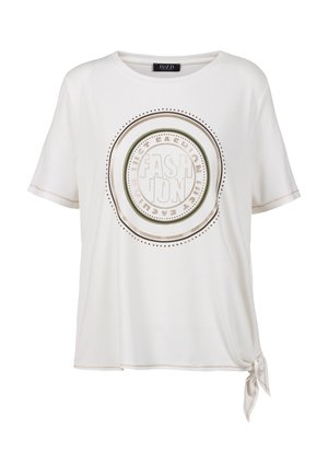 T-shirt blanc à manches courtes avec col rond, graphisme circulaire de mode en tons beige et or, et détail de nœud sur le côté à l'ourlet.