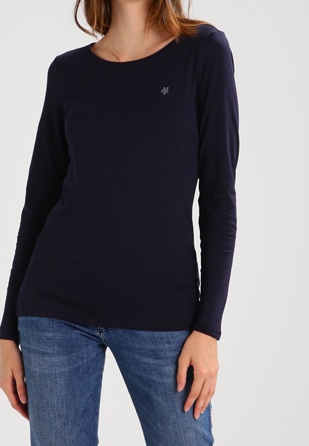 Marineblauwe longsleeve shirt in een slanke pasvorm met een ronde halslijn en een klein logo op de borst, gemaakt van zachte, rekbare stof.