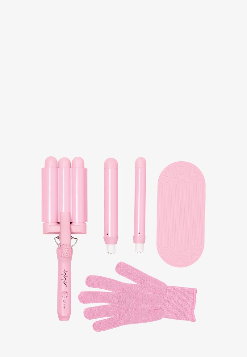 Set di arricciatori rosa con quattro cilindri arricciacapelli, un tappetino resistente al calore e un guanto protettivo rosa. Finitura in plastica liscia.