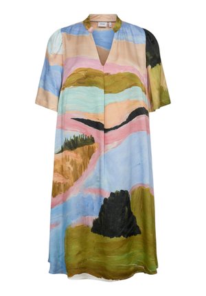 Loose short-sleeve dress with V-neck, featuring abstract landscape print in pastel shades of blue, pink, green, and black.