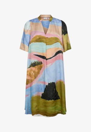 Loose short-sleeve dress with V-neck, featuring abstract landscape print in pastel shades of blue, pink, green, and black.