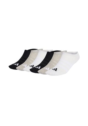 Sechs Paar flache Sportsocken in Schwarz, Grau und Weiß, abwechselnd angeordnet mit einem kleinen Logo nahe der Zehen.