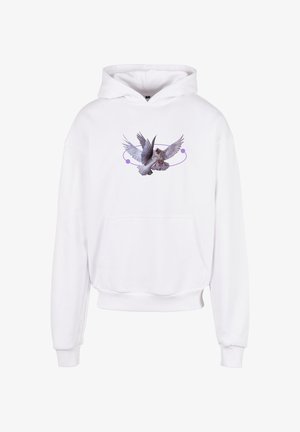 Hanorac alb cu un grafic al unei păsări cu aripile desfăcute, înconjurată de un design circular mov. Include un buzunar frontal și manșete ribbate.